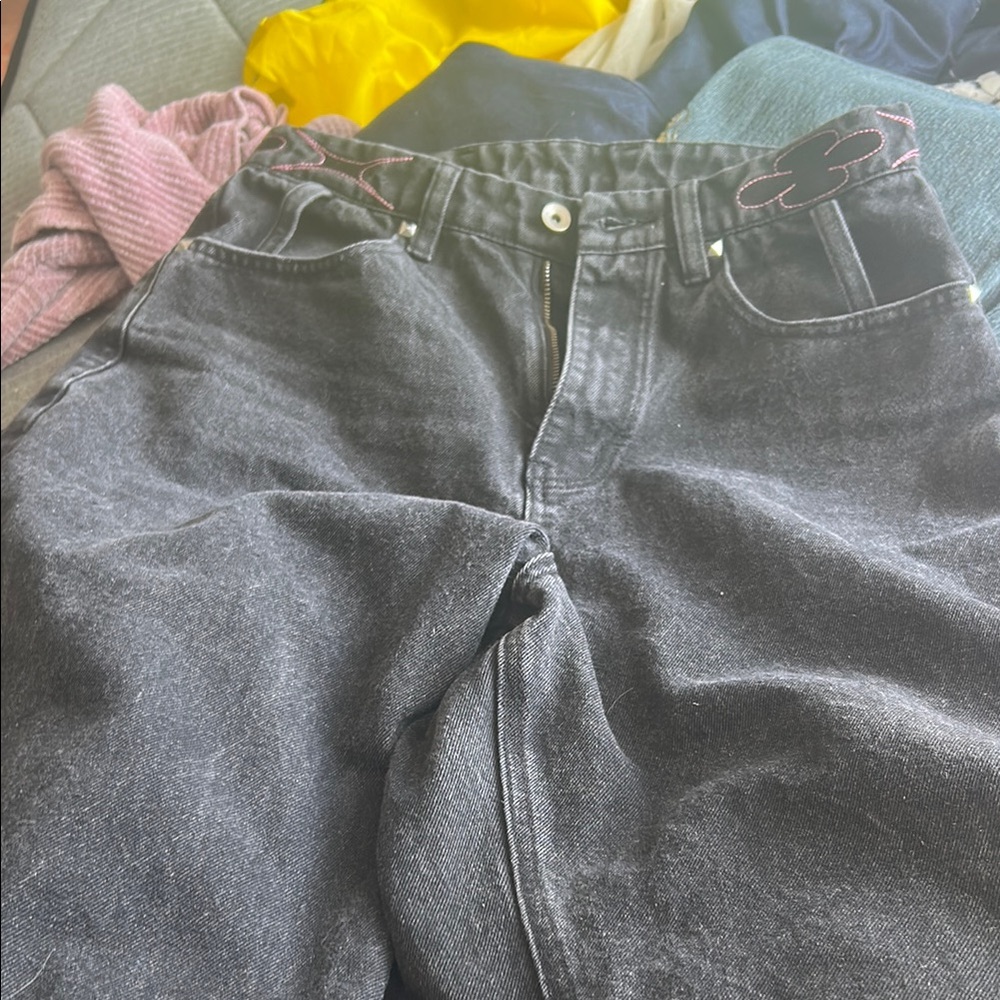 Black Denim Jeans with Pink Stitching